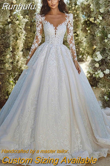 Runhufu Ivory Wedding Dresses A Line Sexy V Long Sleeve Appliqued Lace Bride Gowns Robe De Mariee Boho 2023 Vestidos Novia 2023